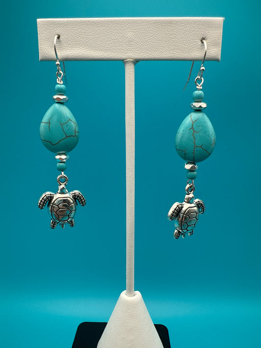 Teardrop Turquoise & Hematite Turtle Earrings