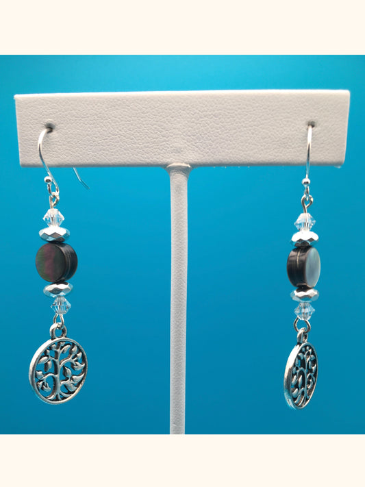 Black Lip Oyster Hematite Czech Crystal Tree Charm Earrings