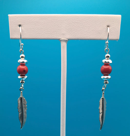 Red Bamboo Hematite Feather Charm Earrings