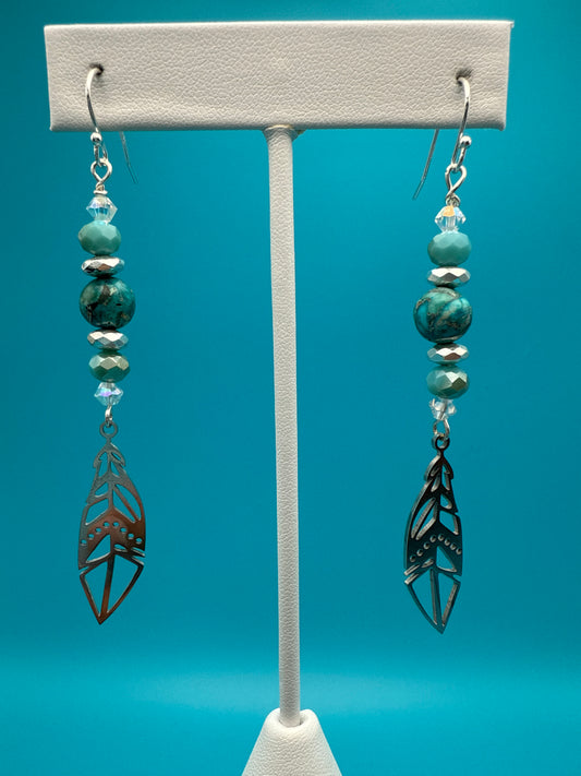 Genuine Turquoise & Hematite Feather Earrings