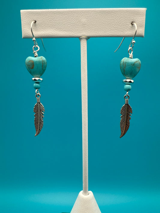 Heartshaped Turquoise Hematite Small Feather Earrings