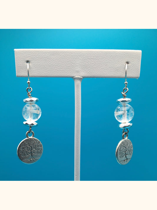 Clear Quartz Hematite Tree Charm Earrings