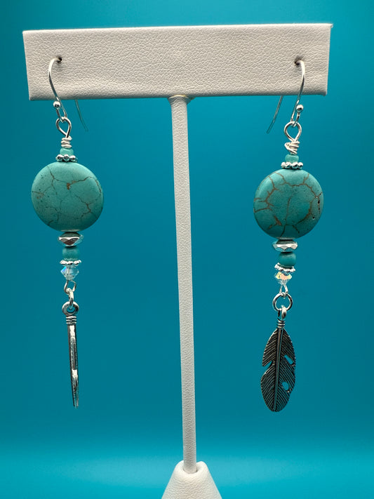 Turquoise & Hematite Feather Earrings