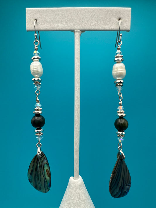 Genuine Pearls, BC Jade and Abalone Earrings