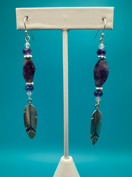 Chevron Amethyst Hematite Large Feather Earrings