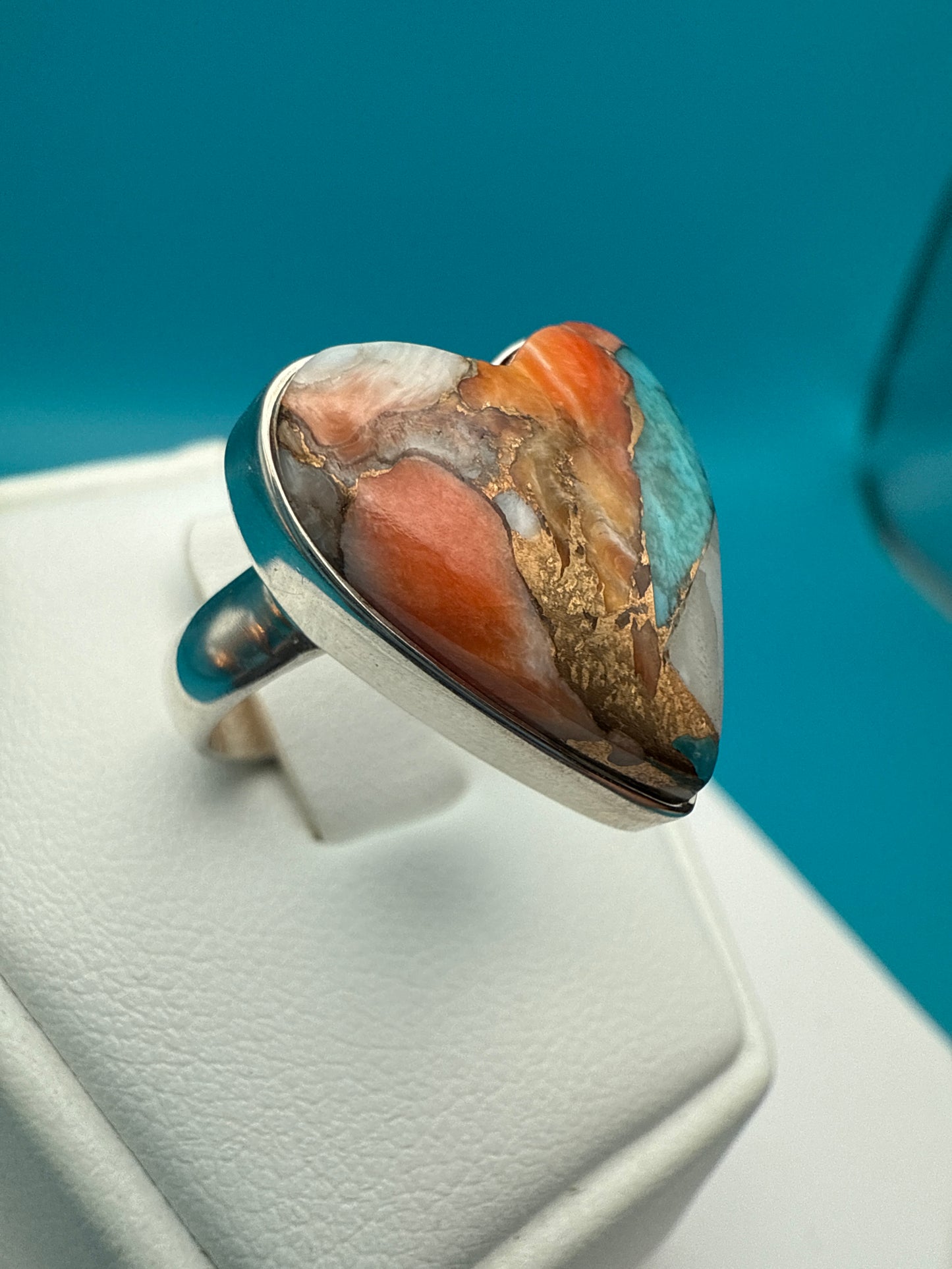 Spiny Oyster Arizona Turquoise Heart Shape Sterling Silver Ring