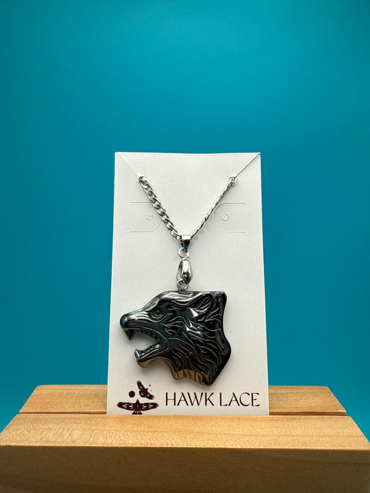 Grey Hematite Wolf Pendant Stainless Chain
