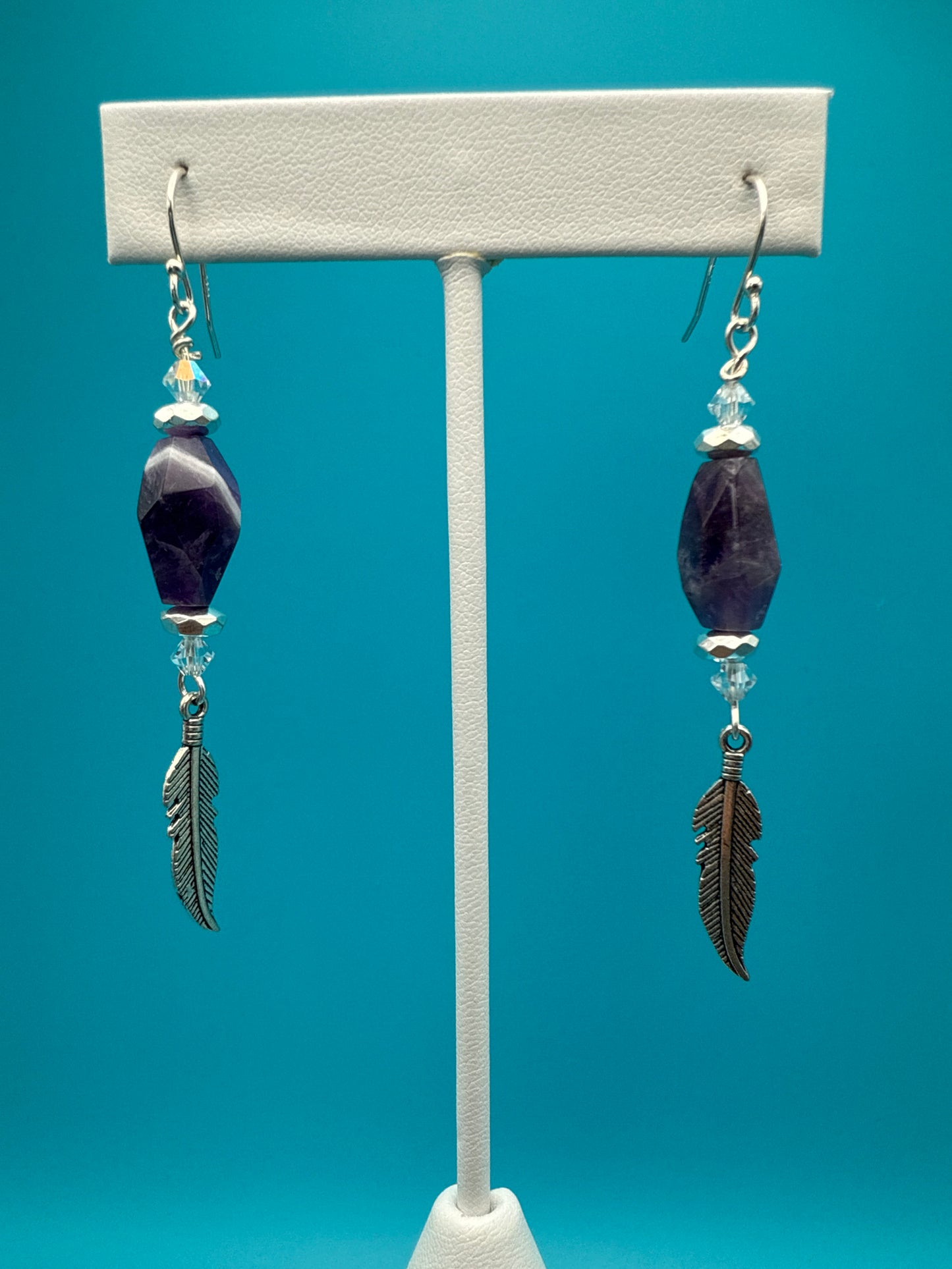 Chevron Amethyst Hematite Feather Earrings