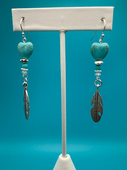 Heartshaped Turquoise Feathers Earrings