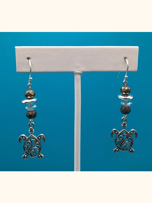 Hematite Turtle Charm Earrings