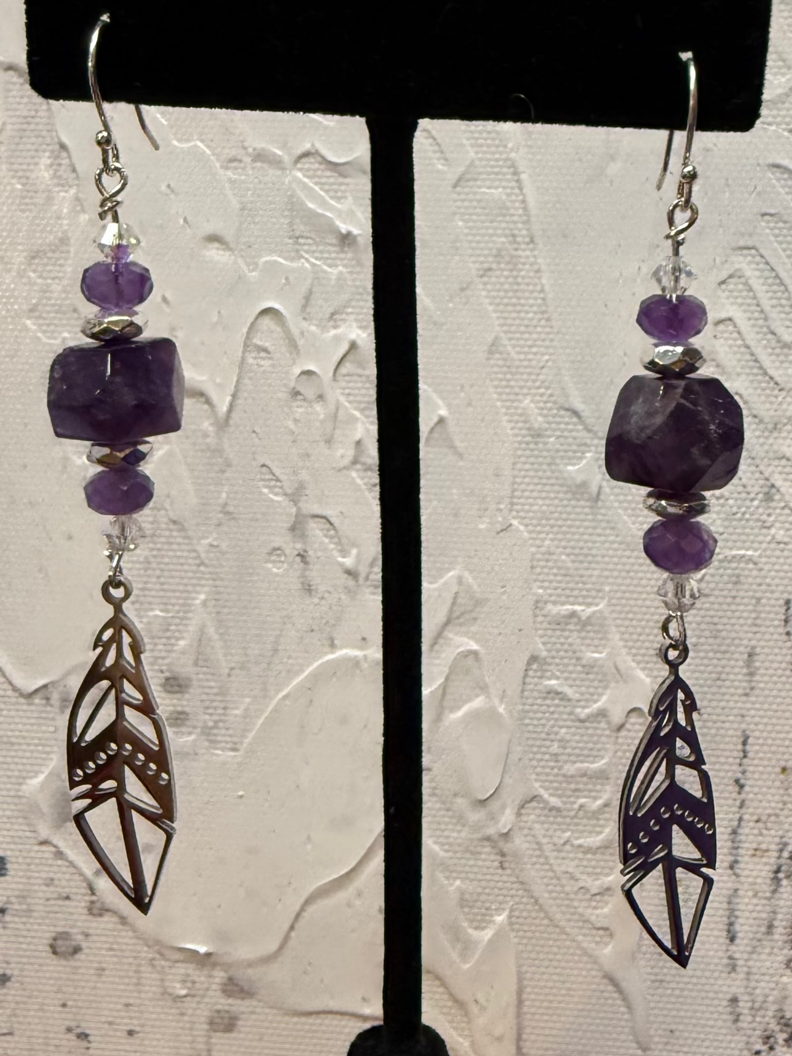 Large Amethyst Feather Earrings