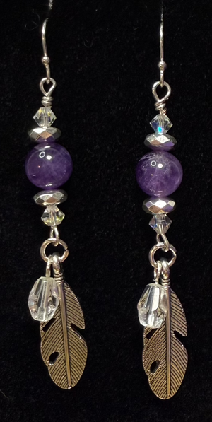 Amethyst Feather Earrings with Czech Crystals