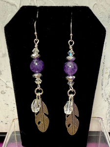 Amethyst Feather Earrings with Czech Crystals