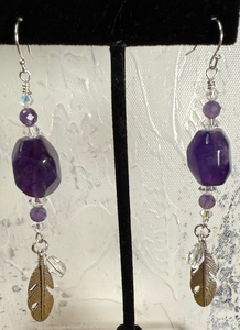 Large Amethyst with Czech crystal and Feather Earrings