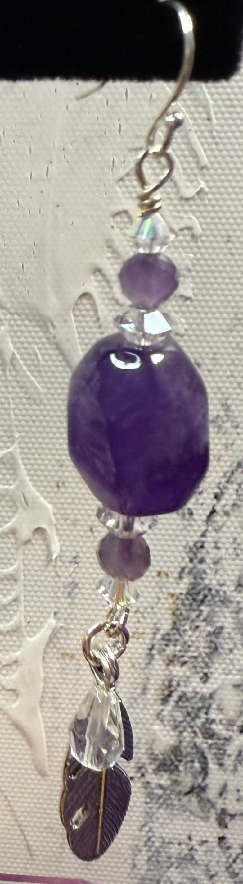 Large Amethyst with Czech crystal and Feather Earrings
