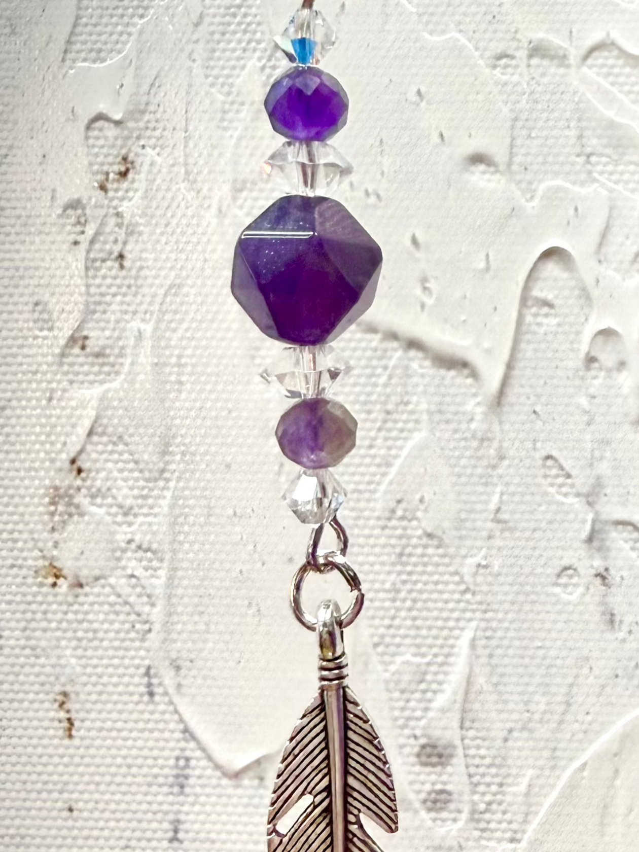 Long Amethyst Feather Earrings with Czech Crystals