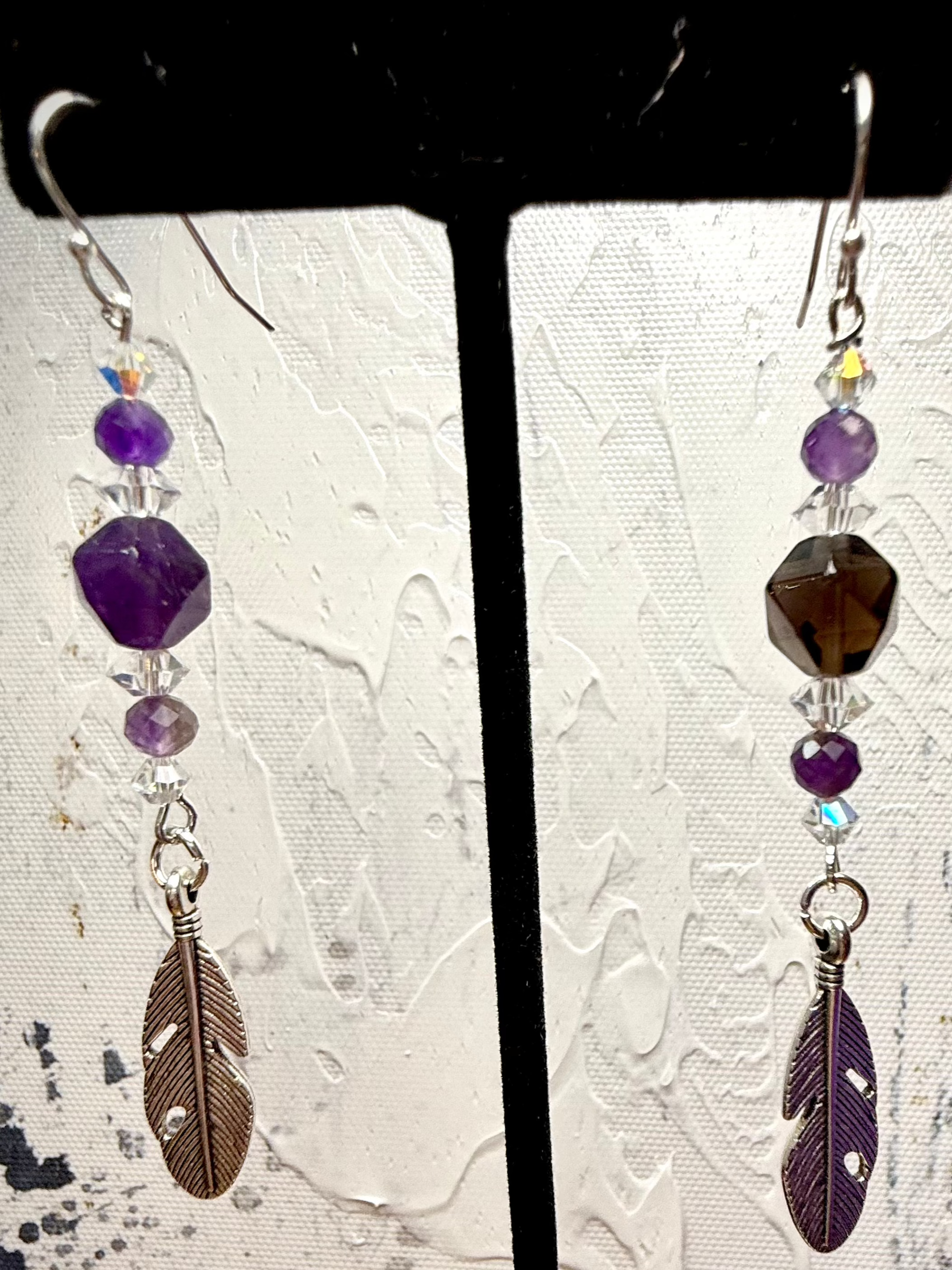 Long Amethyst Feather Earrings with Czech Crystals