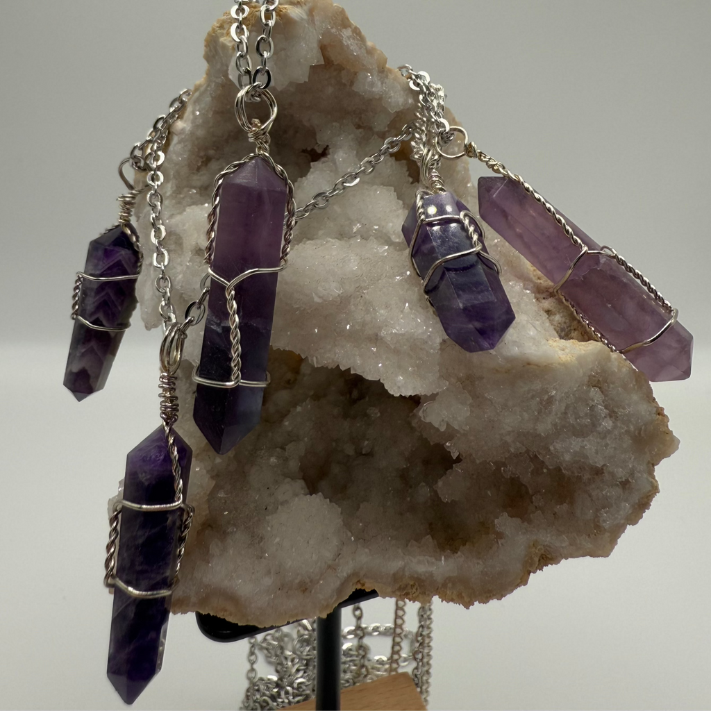 Double Terminated Wire Wrapped Amethyst Pendant with chain