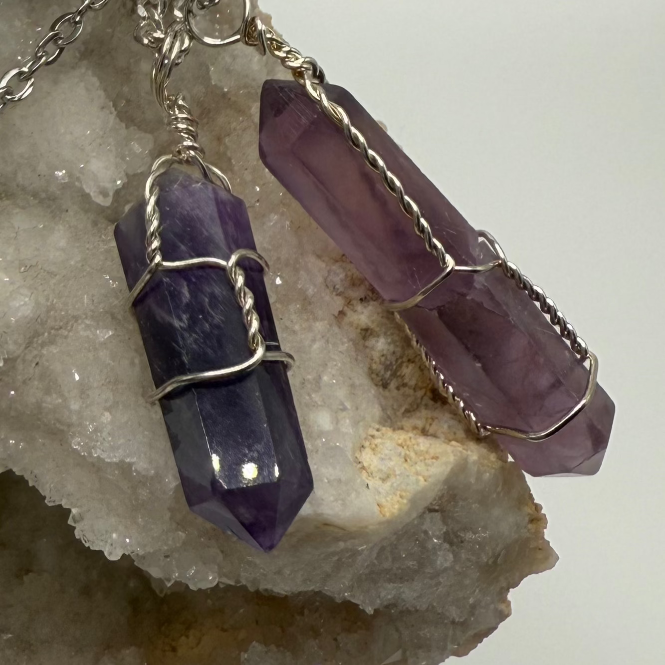 Double Terminated Wire Wrapped Amethyst Pendant with chain