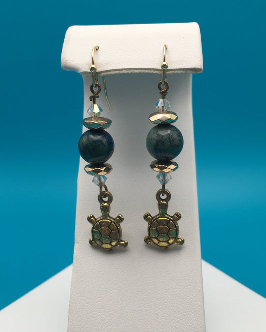 Azurite-Malachite Turtle Charm Earrings