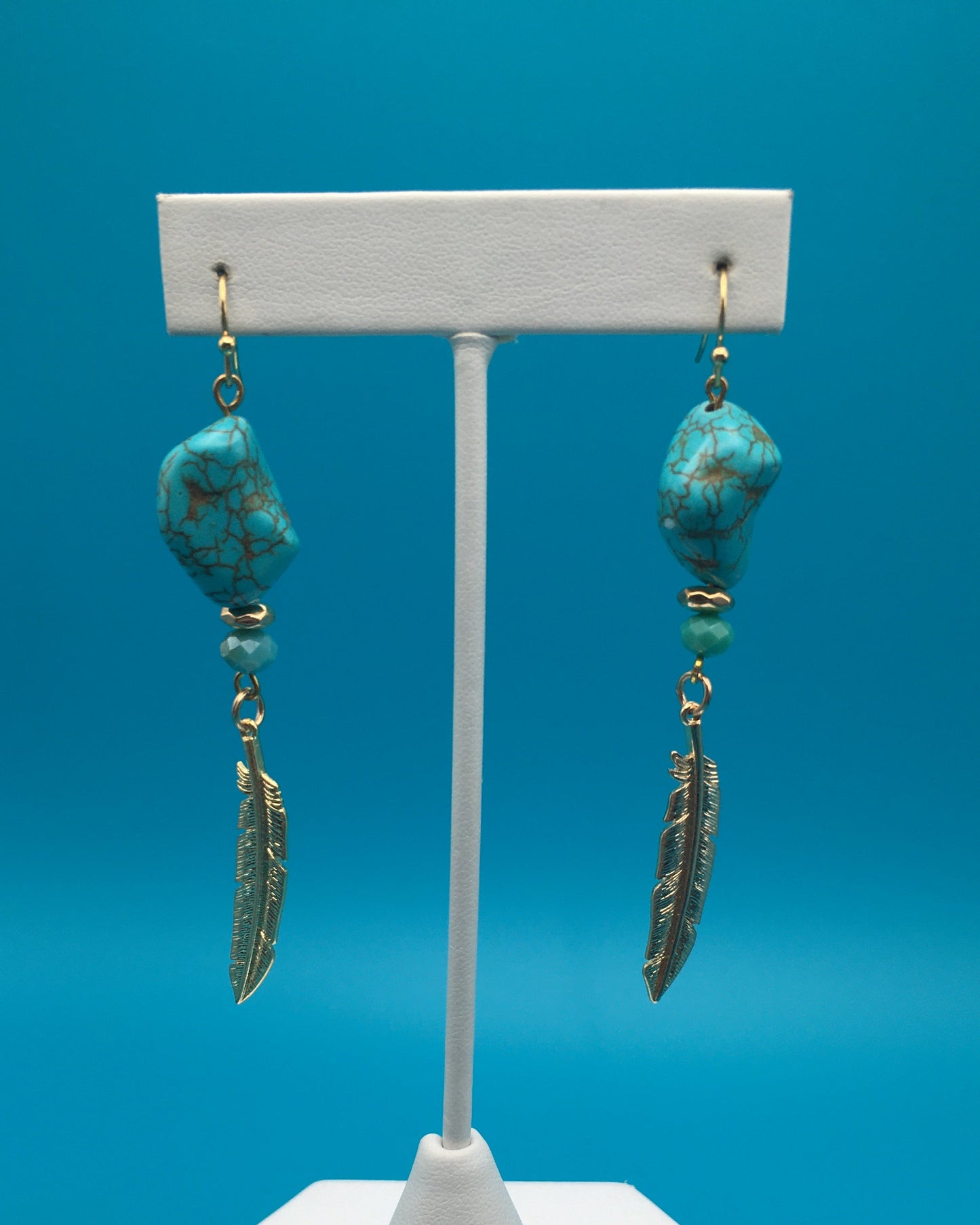 Turquoise Gold Plated Feather Charm Earrings