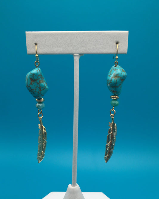 Turquoise Gold Plated Feather Charm Earrings