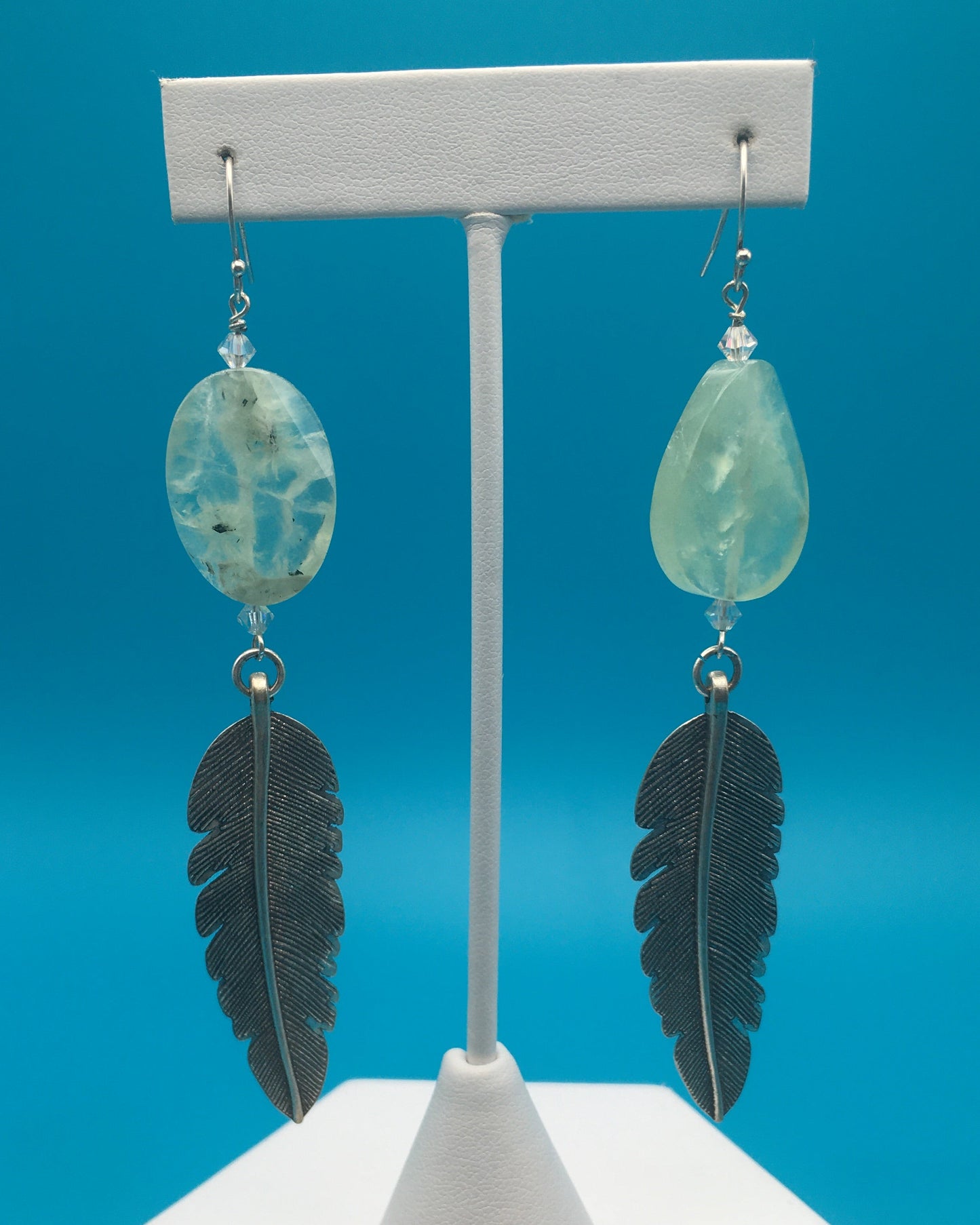 Green Amethyst Silver Plated Feather Charm Earrings