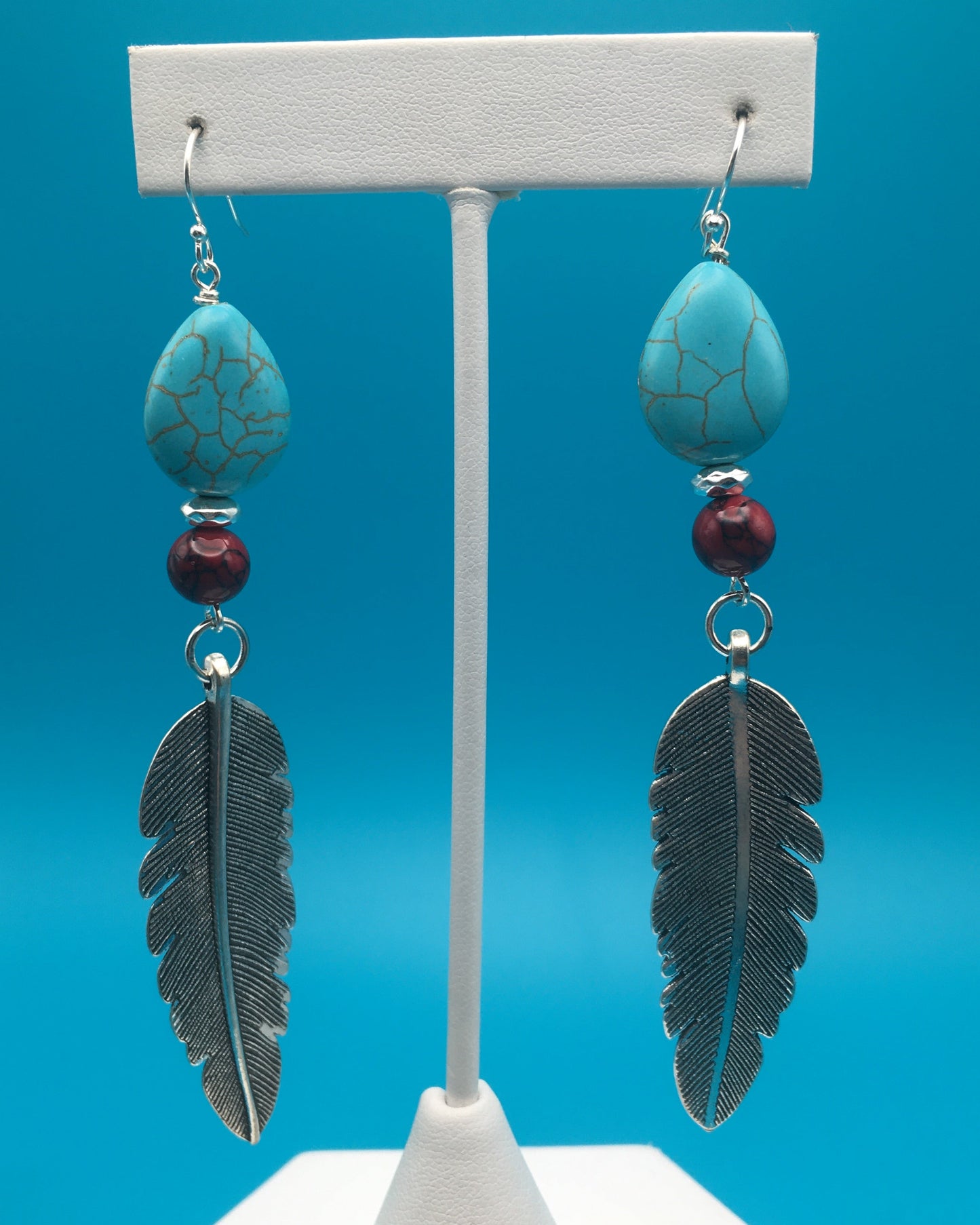 Turquoise Hematite Silver Plated Feather Charm Earrings