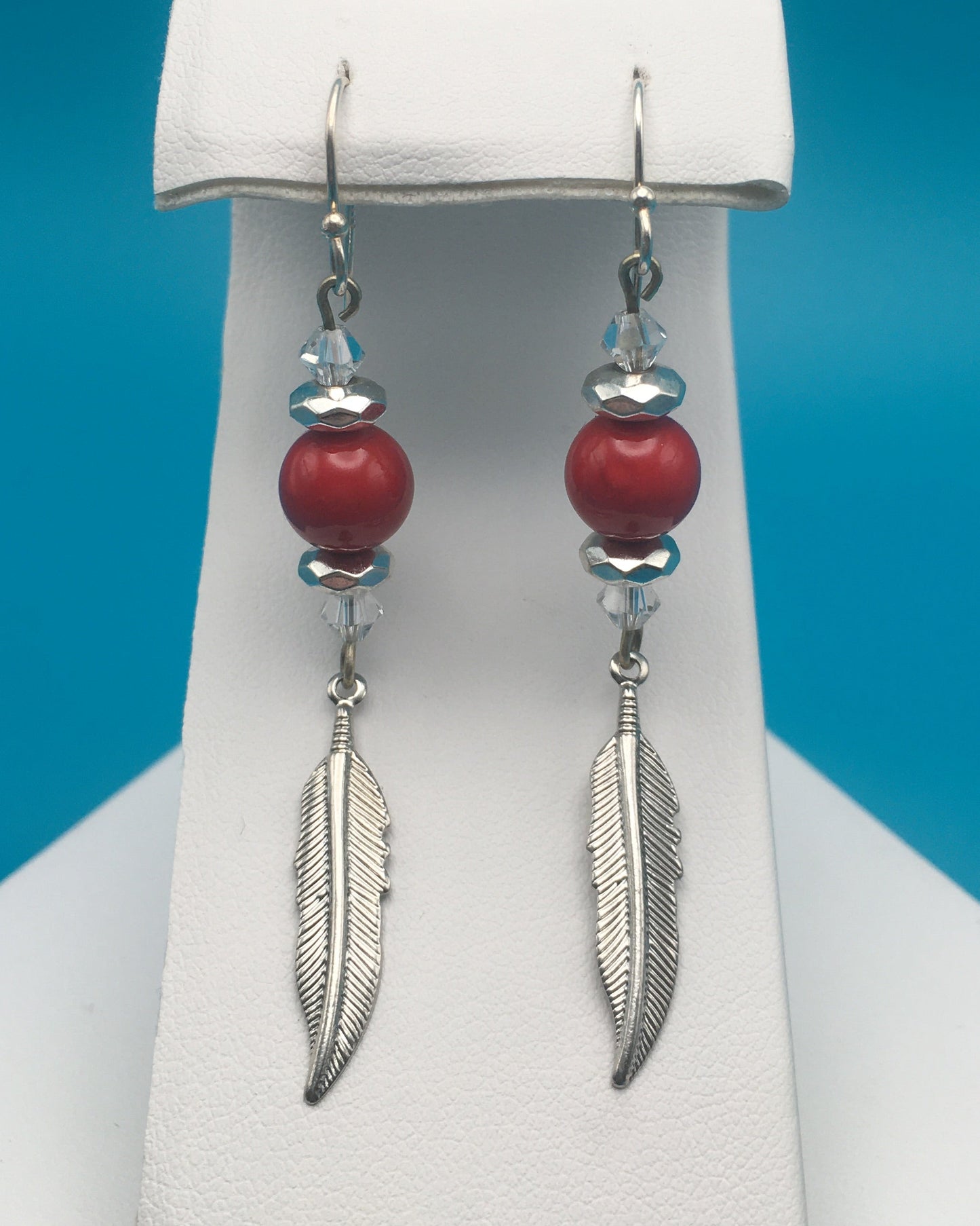 Red Dyed Jade Hematite Czech Crystal Feather Charm Earrings