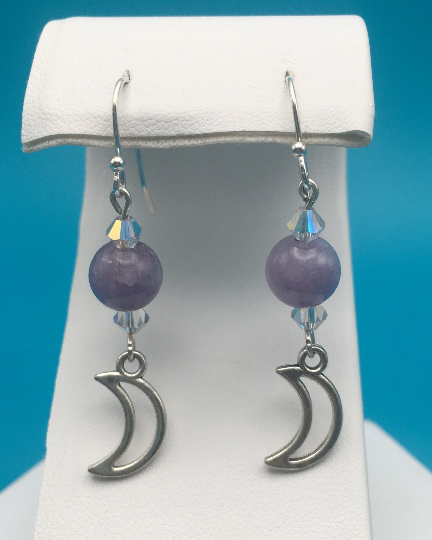 Lepidolite Czech Crystal Moon Charm Earrings