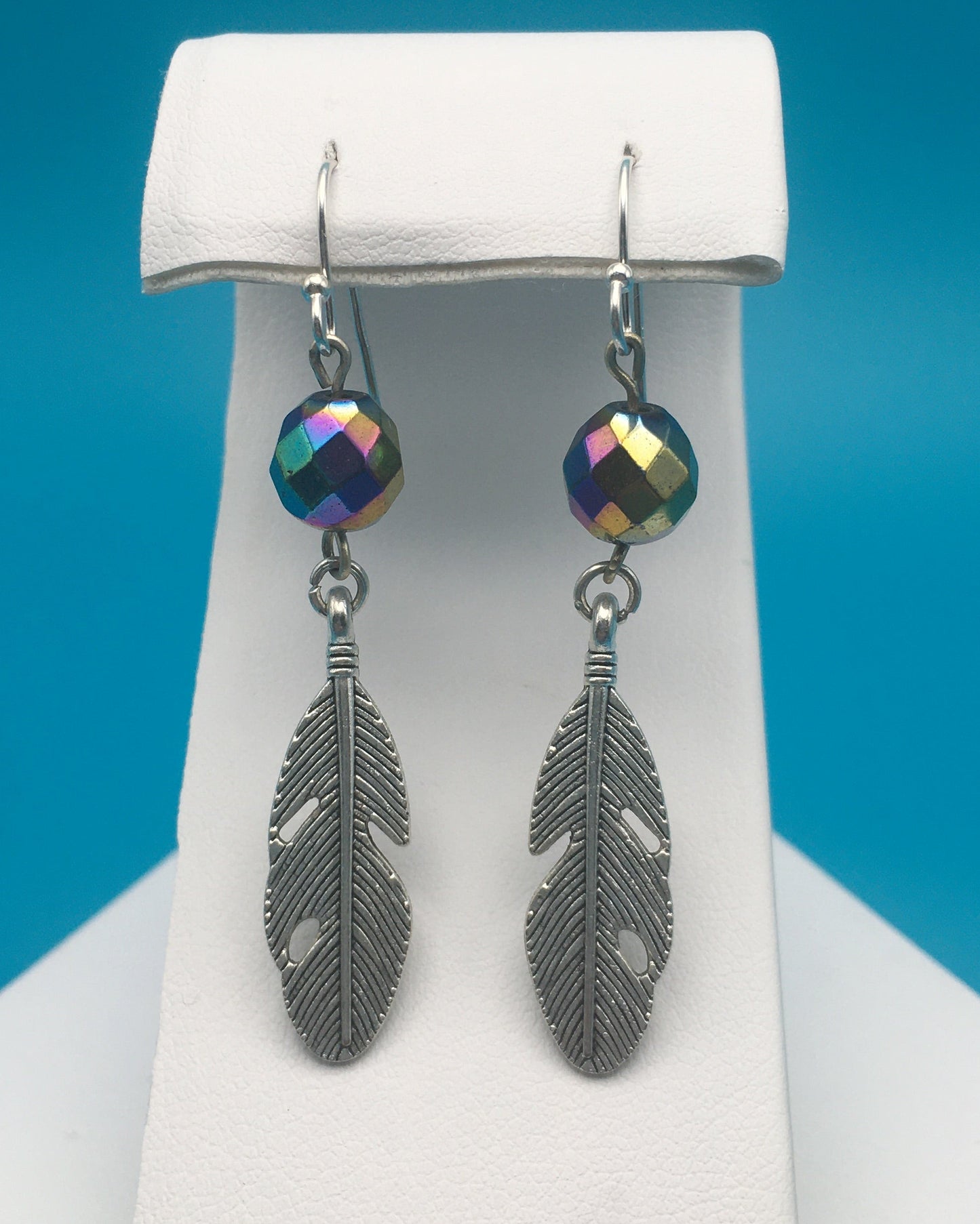 Rainbow Hematite Feather Charm Earrings
