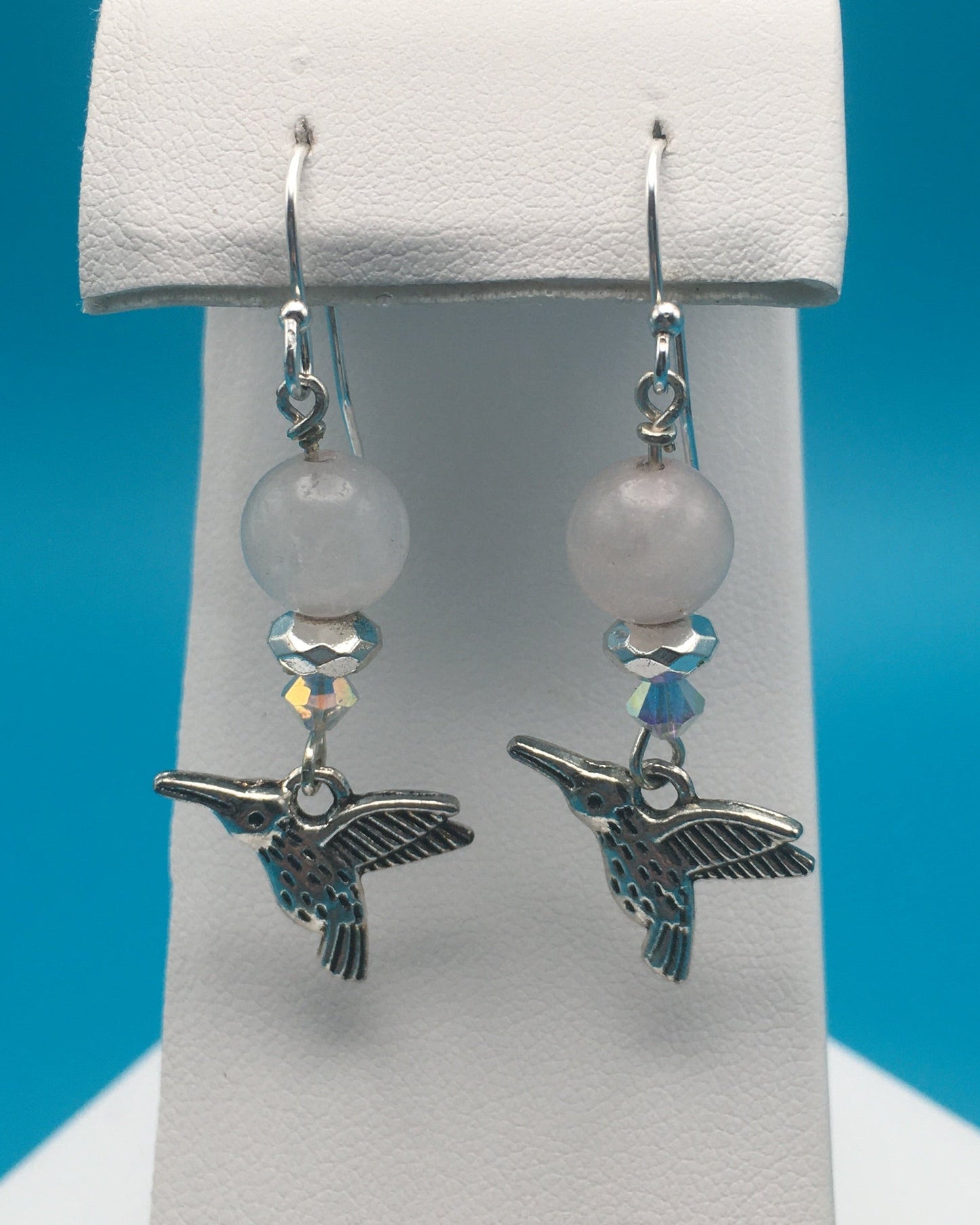 Rose Quartz Czech Crystal Hummingbird Charm Earrings