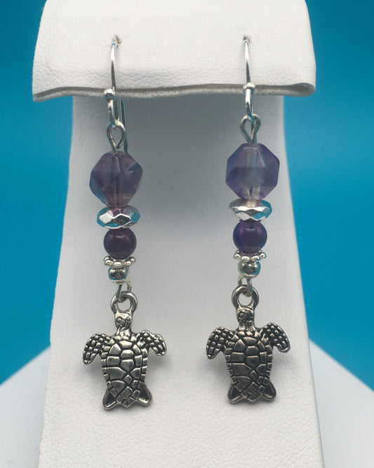 Amethyst Hematite Czech Crystal Turtle Charm Earrings
