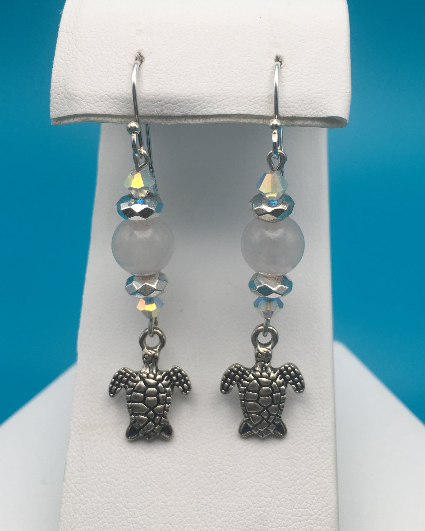 Rose Quartz Czech Crystal Hematite Turtle Charm Earrings