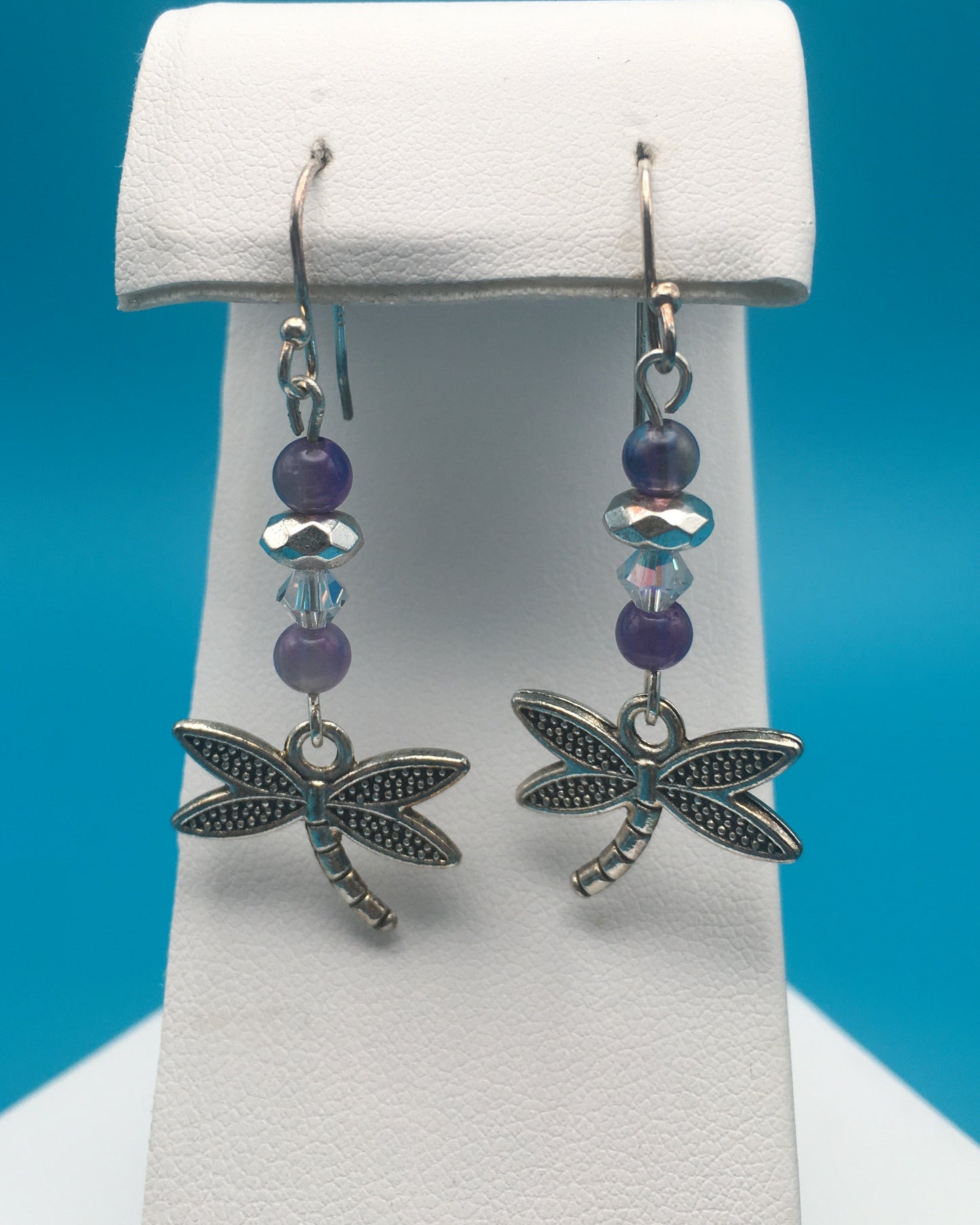 Amethyst Hematite Czech Crystal Dragonfly Charm Earrings