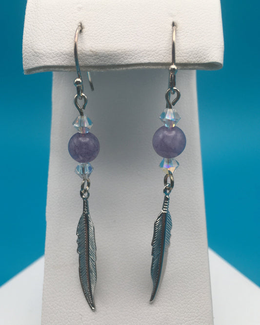LQ Aquamarine Czech Crystal Feather Charm Earrings