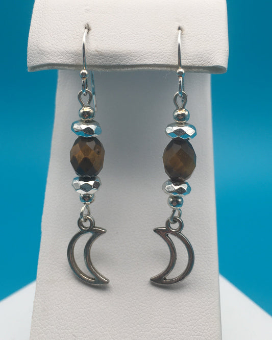 Tiger's Eye Moon Charm Earrings