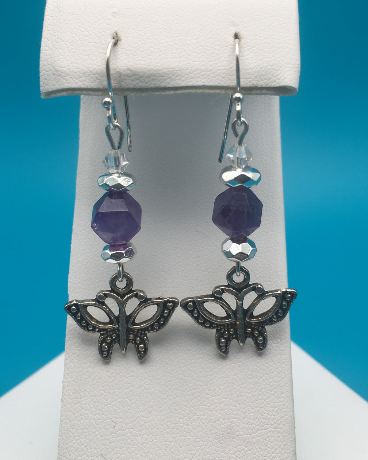 Amethyst Hematite Czech Crystal Butterfly Charm Earrings