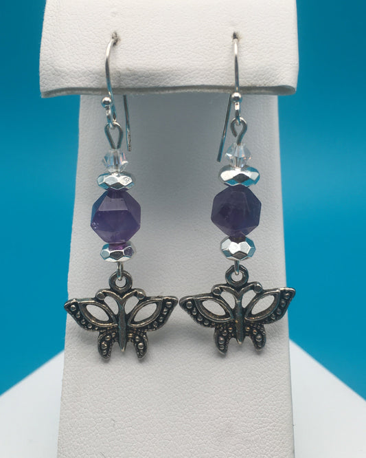 Amethyst Hematite Czech Crystal Butterfly Charm Earrings