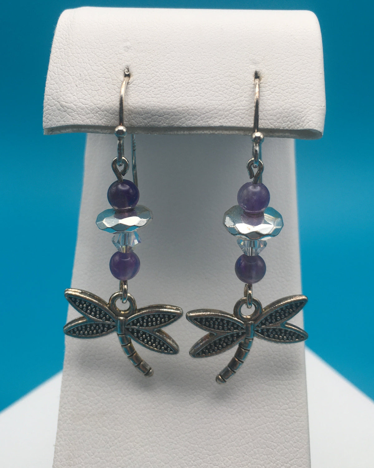 Amethyst Hematite Czech Crystal Dragonfly Charm Earrings