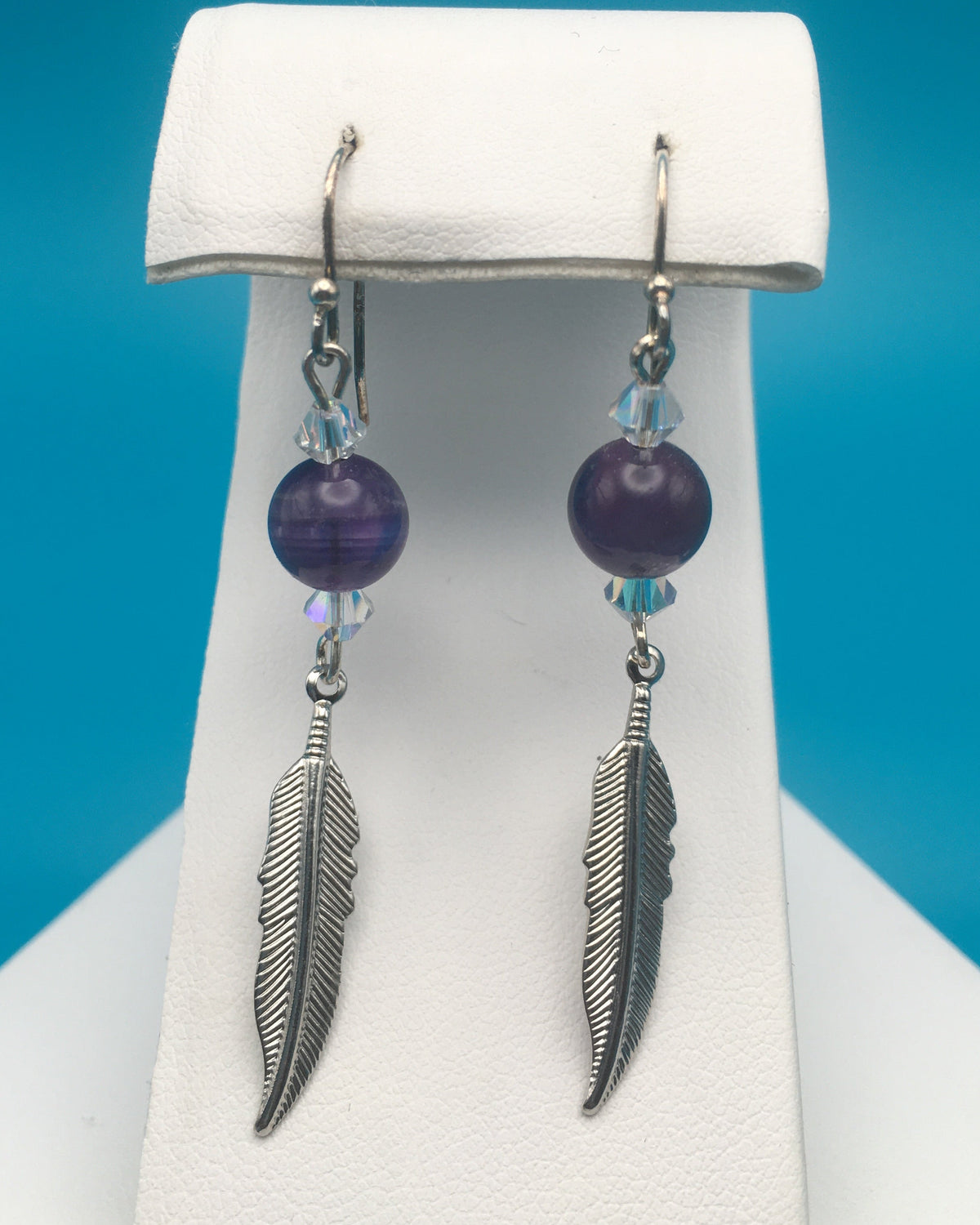 Amethyst Czech Crystal Feather Charm Earrings