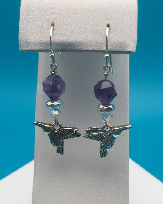 Amethyst Hematite Czech Crystal Hummingbird Charm Earrings