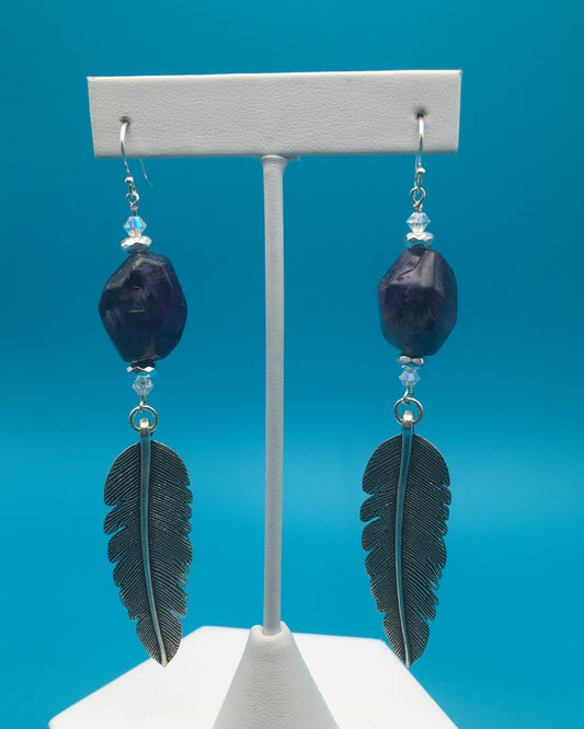 Amethyst Silver Plated Feather Charm Earrings