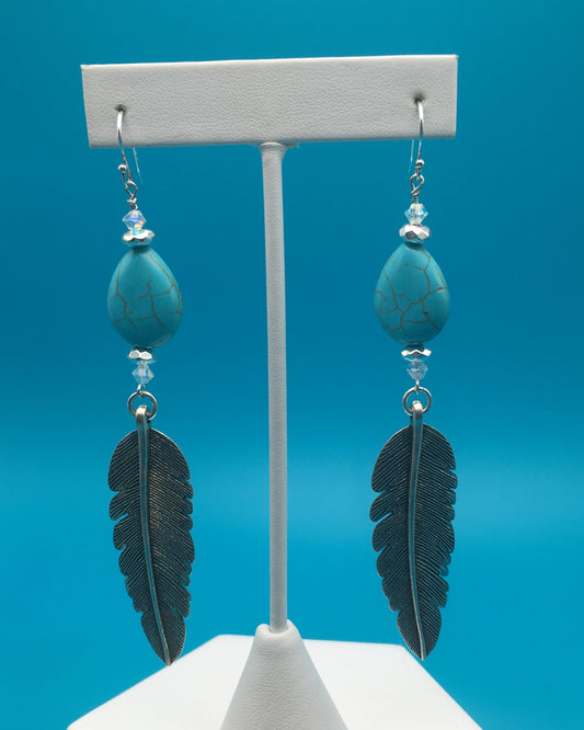 Turquoise Silver Plated Feather Charm Earrings