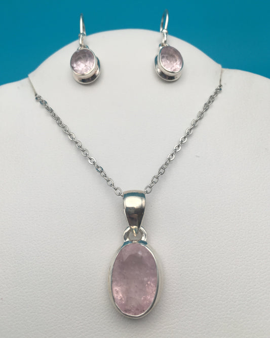 Morganite Sterling Silver Earrings & Pendant Set