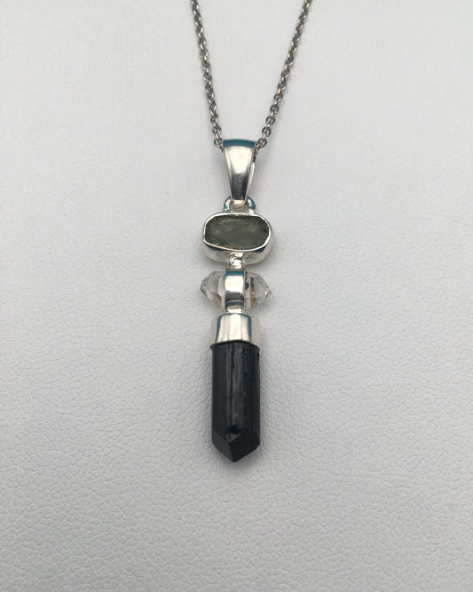 Black Tourmaline & Moldavite Sterling Silver Pendant