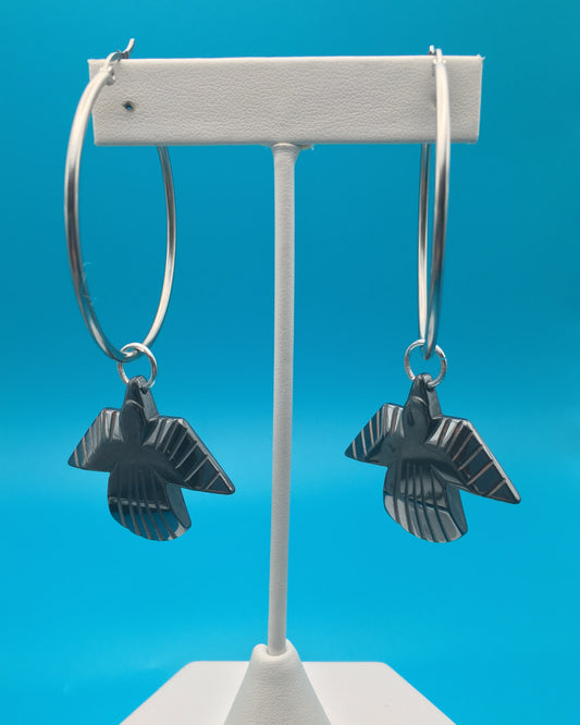 Hematite Thunder Bird Charm Hoop Earrings