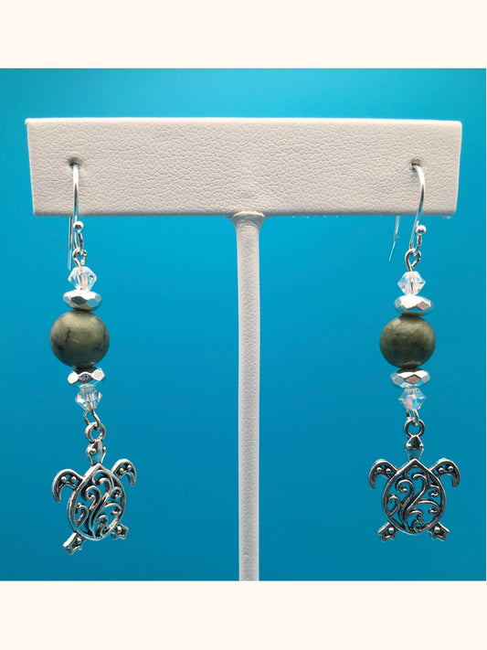 Jade Hematite Czech Crystal Turtle Charm Earrings