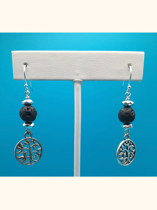 Lava Stone Hematite Tree Charm Earrings