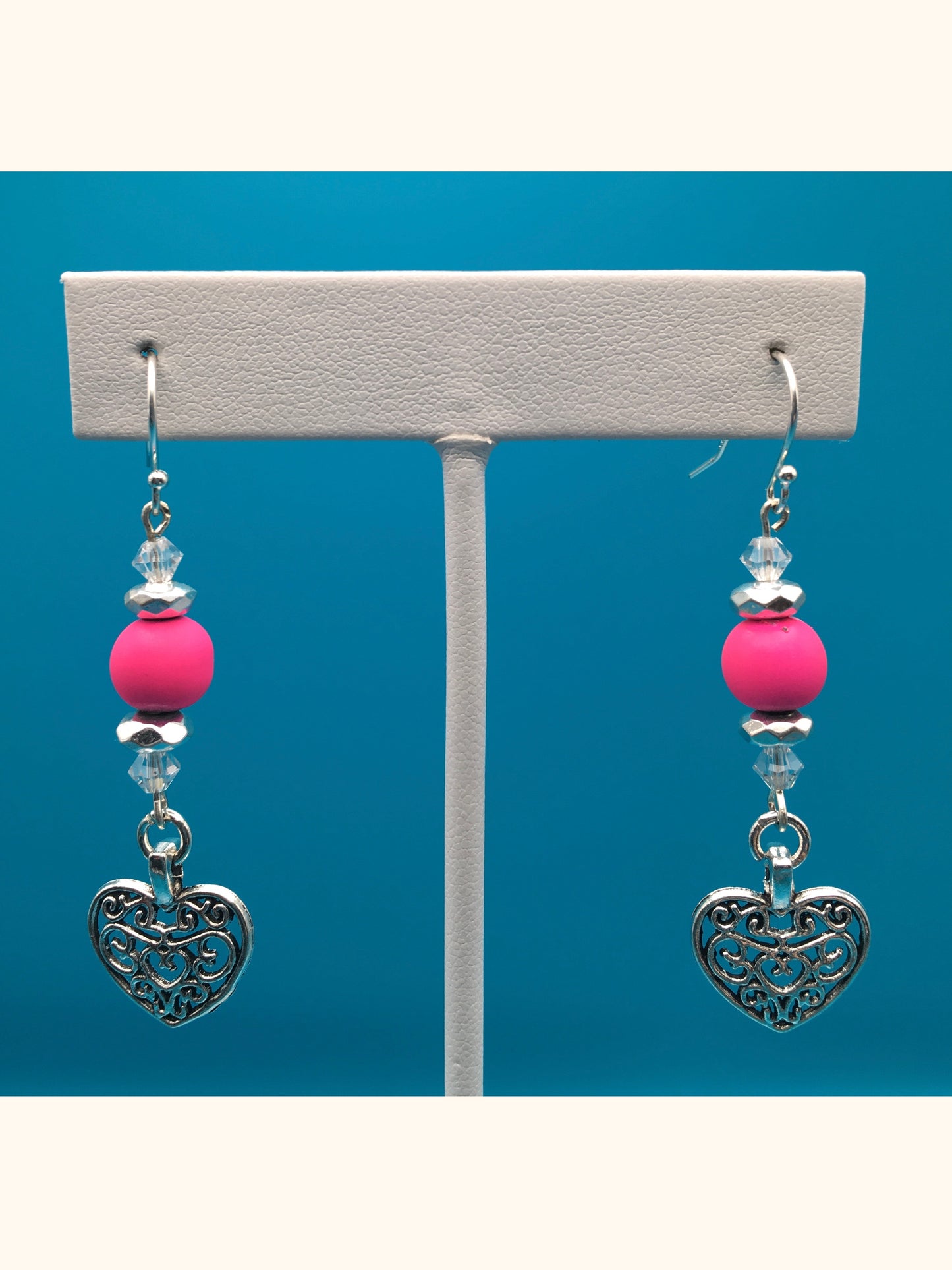 Pink Hematite Czech Crystal Heart Charm Earrings